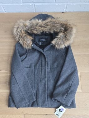 George Girl's Charcoal Gray Hooded Pea/Duffle Coat with Faux Fur Trim